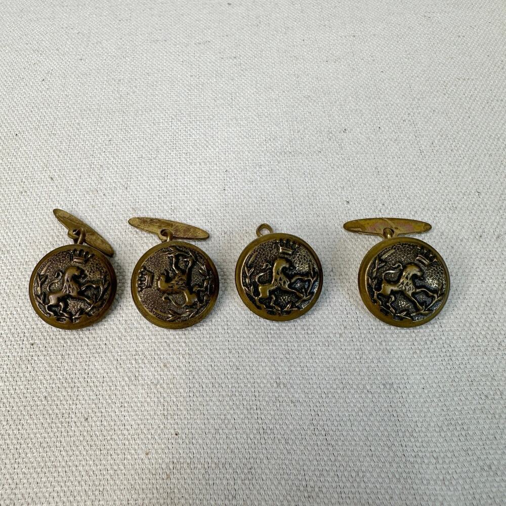 Antique Brass Buttons 4 Pieces Lion Cufflinks Army Uniform Copper Backs Round